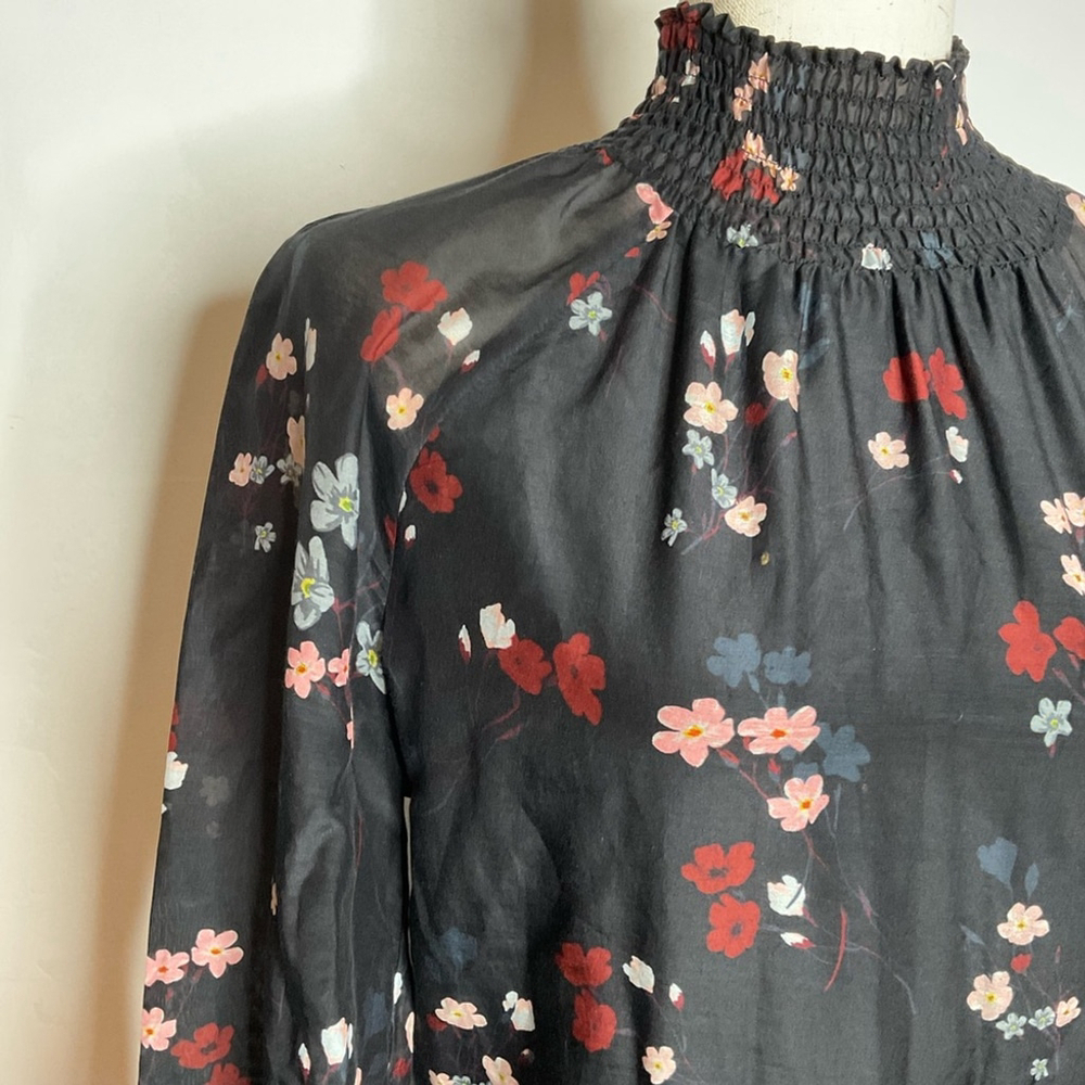 Caballero Anthropologie Black Floral Silk Blend High Collar Balloon Sleeve Maxi